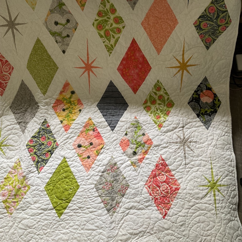 Handmade Mid Century Modern Atomic Starburst Diamond Quilt White Multi Color